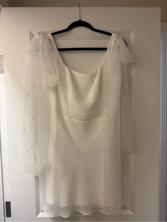 Birdie Grey Dresses & Skirts - Pearl-Accented Cream Mini Wedding Dress with Draped Neckline